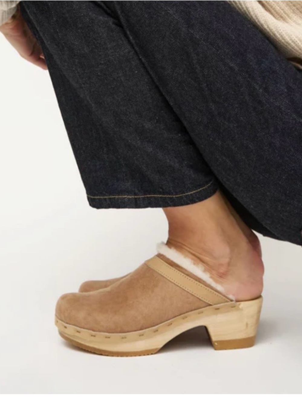 No. 6 Dakota Shearling Clogs Mid Heel Fawn Suede - Picture 3 of 13